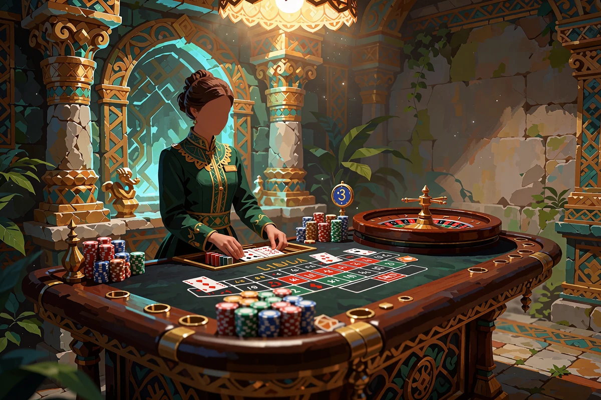 Krupier przy stole do blackjacka i ruletki w kamiennej komnacie świątyni - live casino Sankra Casino