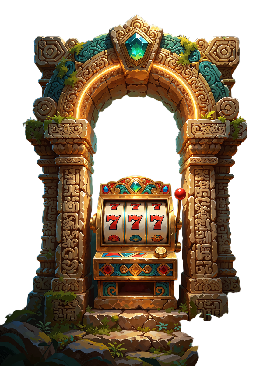 Kamienny portal świątyni z bębnami automatu i czerwonymi si&oacute;demkami - automaty online w Sankra Casino